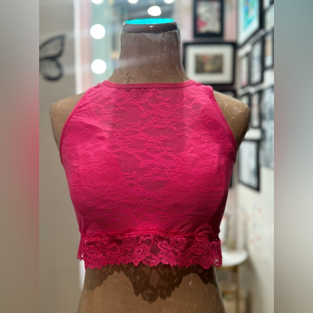Hot Pink Lace Crop Top – Sheer Floral Halter Bralette Style